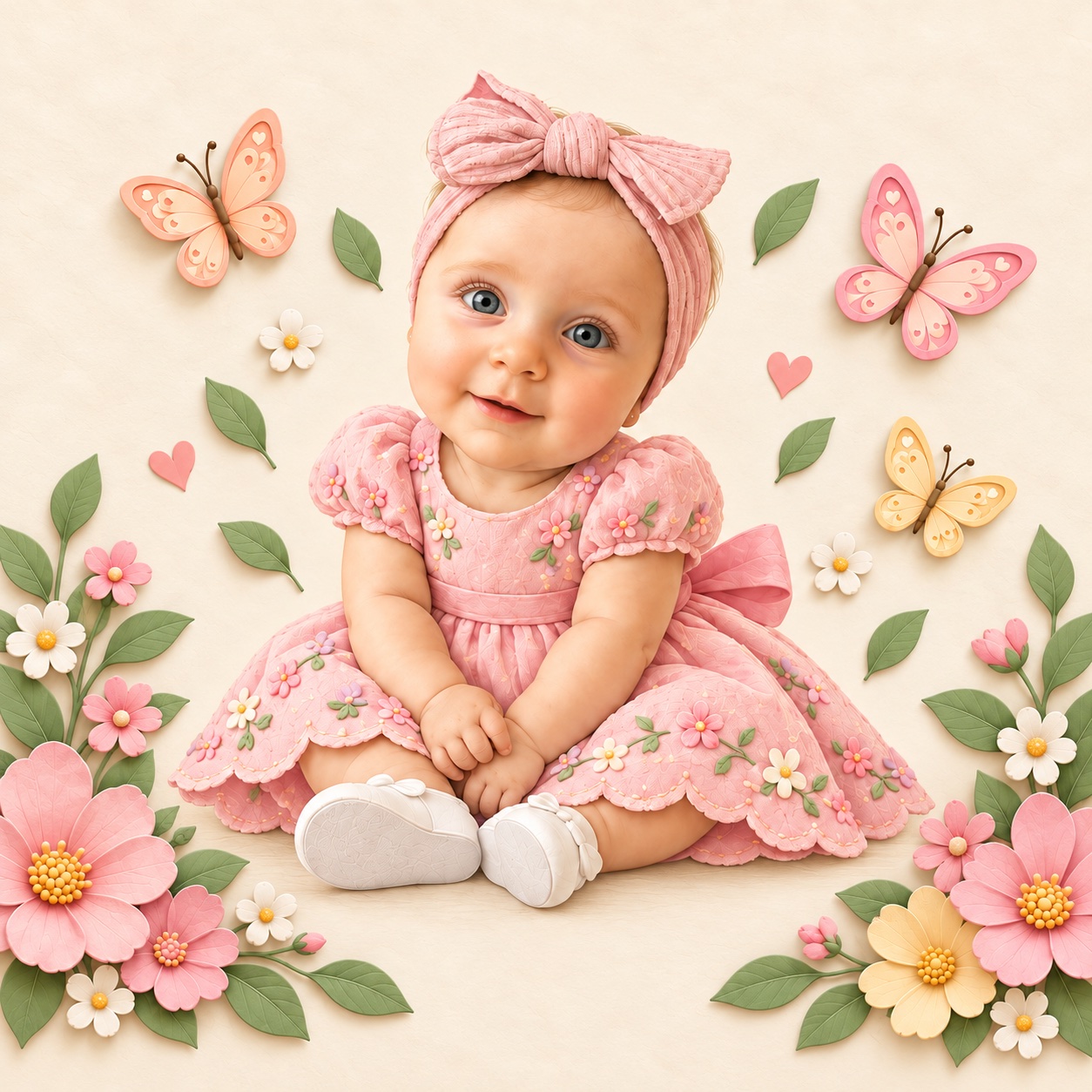 Lívia de vestido e laço rosa, entre flores e borboletas de papel